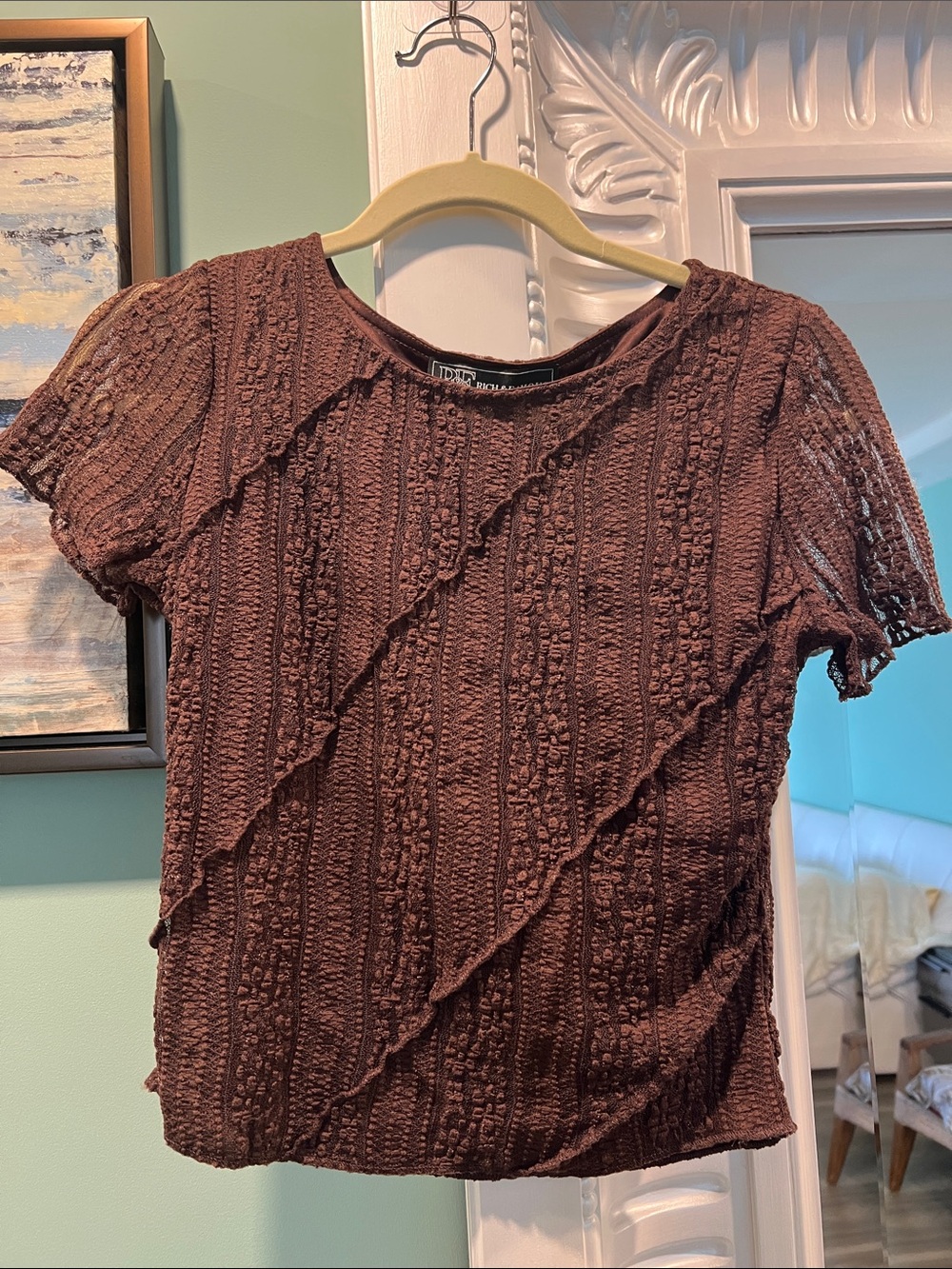 bobeau Brown Textured Short Sleeve Knit Top